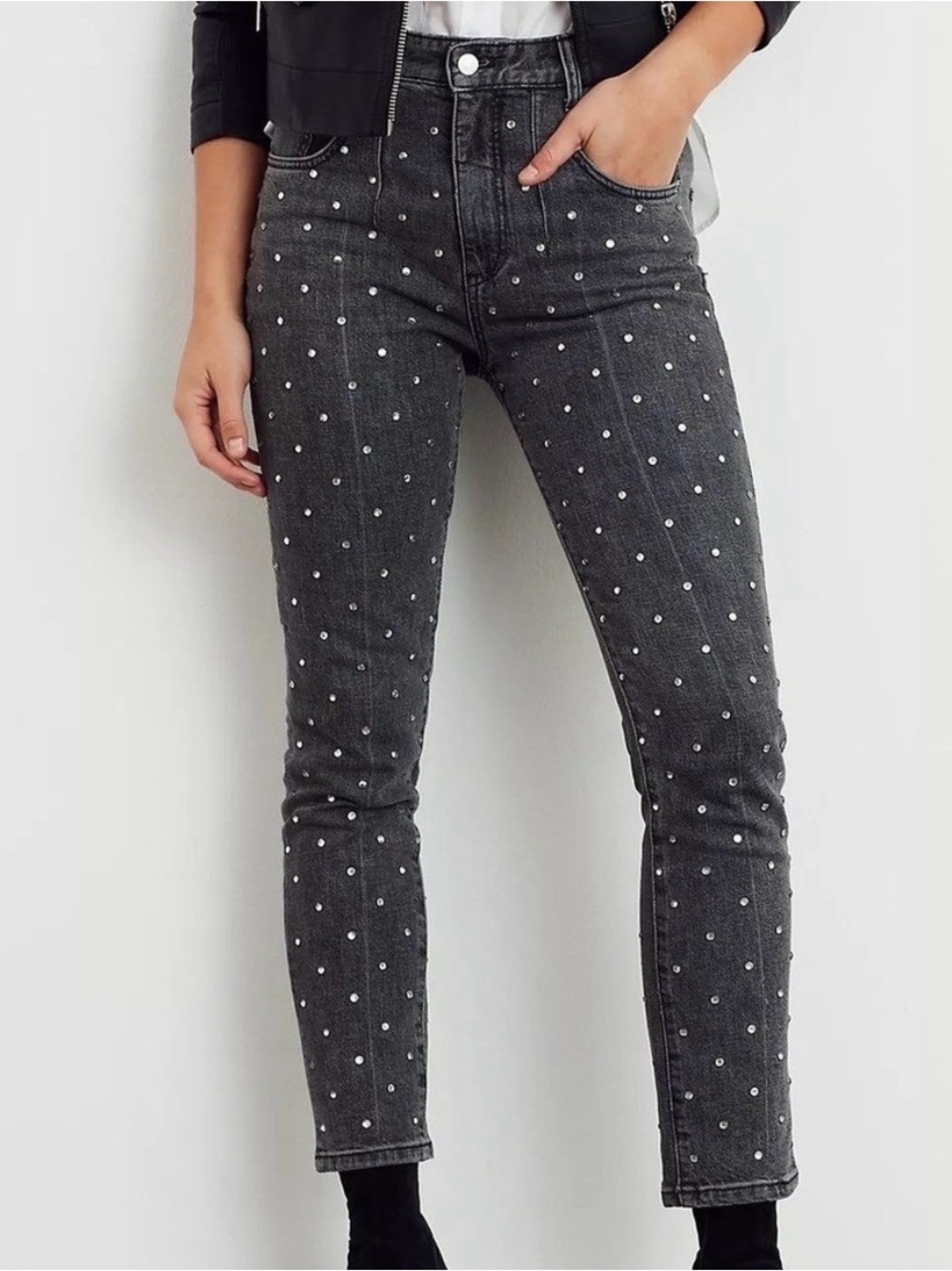Anthro High-Rise Washed Black Rhinestone Studded Tapered Slim Jeans
